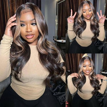 Money Piece Brown Body Wave Transparent Lace Front Wigs Glueless Skunk Stripe Color Human Hair Wigs Daily Deal