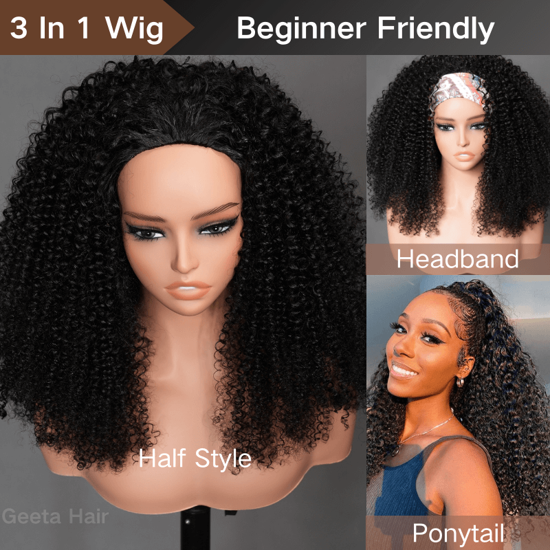 Geeta Kinky Curly Coily Half Wig Invisi Drawstring Glueless Flip Over Wig Flash Sale