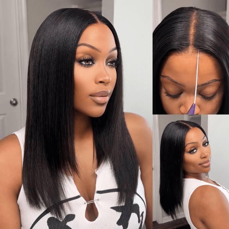 7x5 Lace Yaki Straight Glueless Put On And Go Short Bob Wig 13x4 Lace Frontal Invisi Drawstring Daily Deal