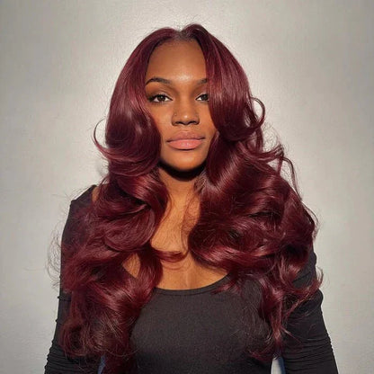 Geeta 7×5/5×5 Lace Curtain Bangs Glueless Wigs 99J  Burgundy Body Wave Human Hair Wig Wear Go HD Lace Wig