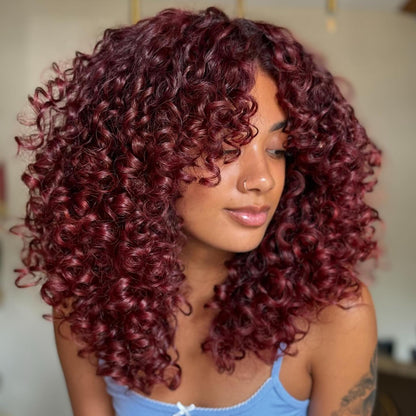 Geeta 300% Density Lazy Girl Glueless Wigs Ginger Brown Bouncy Wave 13x4 Lace Front Human Hair Wigs Brown Black Hair Root Curly Wig With Bangs