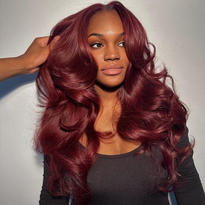 Geeta 7×5/5×5 Lace Curtain Bangs Glueless Wigs 99J  Burgundy Body Wave Human Hair Wig Wear Go HD Lace Wig