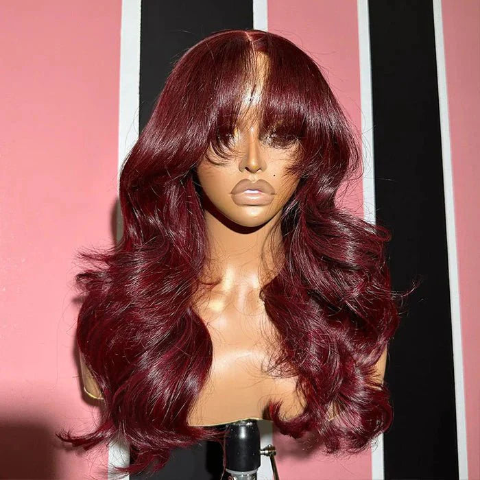 Geeta 7×5/5×5 Lace Curtain Bangs Glueless Wigs 99J  Burgundy Body Wave Human Hair Wig Wear Go HD Lace Wig