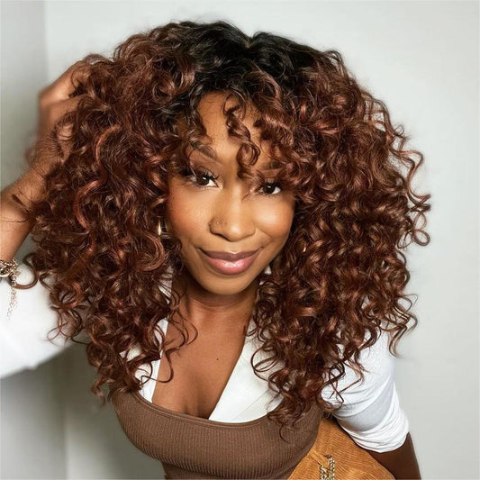 Geeta 300% Density Lazy Girl Glueless Wigs Ginger Brown Bouncy Wave 13x4 Lace Front Human Hair Wigs Brown Black Hair Root Curly Wig With Bangs