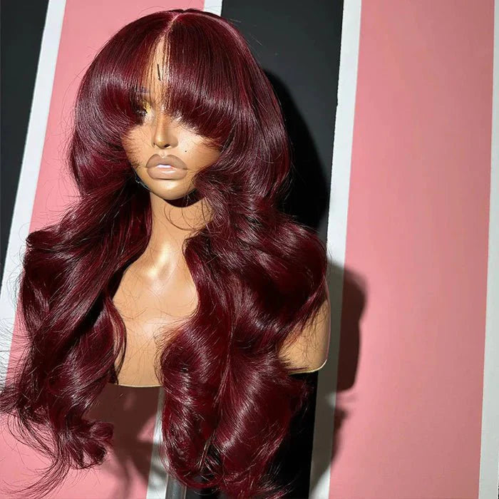 Geeta 7×5/5×5 Lace Curtain Bangs Glueless Wigs 99J  Burgundy Body Wave Human Hair Wig Wear Go HD Lace Wig
