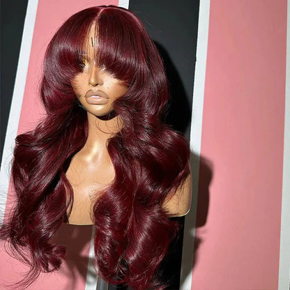 Geeta 7×5/5×5 Lace Curtain Bangs Glueless Wigs 99J  Burgundy Body Wave Human Hair Wig Wear Go HD Lace Wig