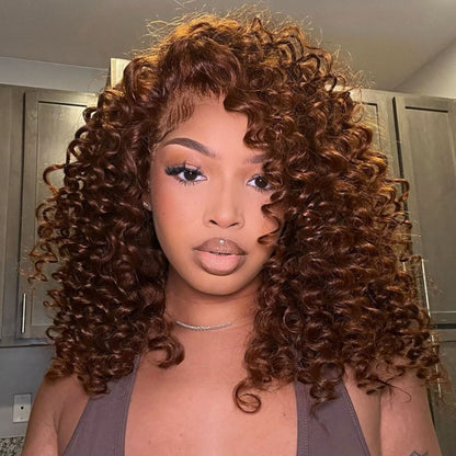 Chocolate Reddish Brown Ready To Wear Glueless Wigs Bouncy Curl 13x4 Lace Front Human Hair Wig Pre Plucked 250% Density