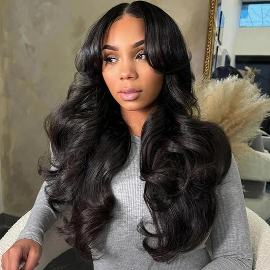 Geeta 300% Density Lazy Girl Glueless Wigs Body Wave Curtin Bangs 13x4 Lace Front Human Hair Wigs Pre Bleached Knots