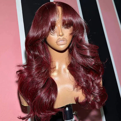 Geeta 7×5/5×5 Lace Curtain Bangs Glueless Wigs 99J  Burgundy Body Wave Human Hair Wig Wear Go HD Lace Wig