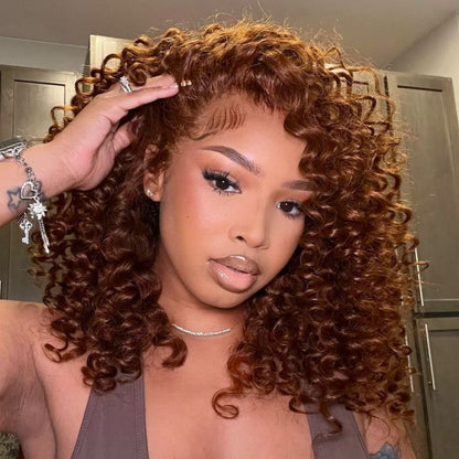 Chocolate Reddish Brown Ready To Wear Glueless Wigs Bouncy Curl 13x4 Lace Front Human Hair Wig Pre Plucked 250% Density