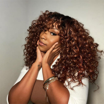 Geeta 300% Density Lazy Girl Glueless Wigs Ginger Brown Bouncy Wave 13x4 Lace Front Human Hair Wigs Brown Black Hair Root Curly Wig With Bangs