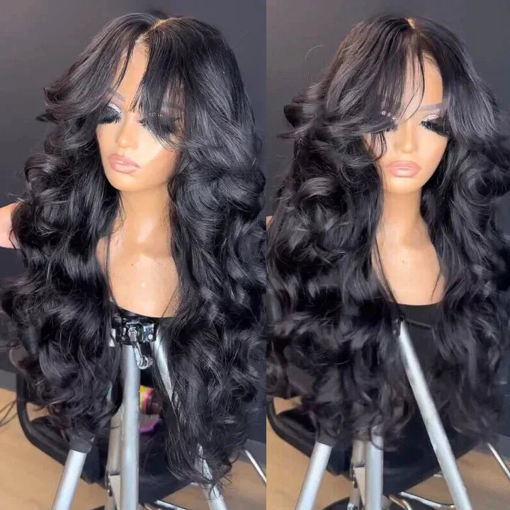 13x4 Lace Loose Body Wave Human Hair Wigs Ocean Wave Lace Front Wigs with Curtain Bangs Full 250% Density