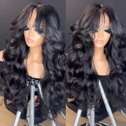 13x4 Lace Loose Body Wave Human Hair Wigs Ocean Wave Lace Front Wigs with Curtain Bangs Full 250% Density