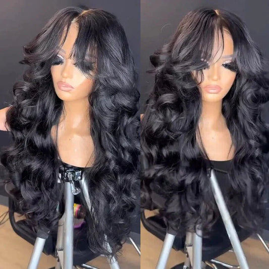 13x4 Lace Loose Body Wave Human Hair Wigs Ocean Wave Lace Front Wigs with Curtain Bangs Full 250% Density