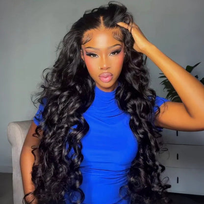 13x4 Lace Loose Body Wave Human Hair Wigs Ocean Wave Lace Front Wigs with Curtain Bangs Full 250% Density