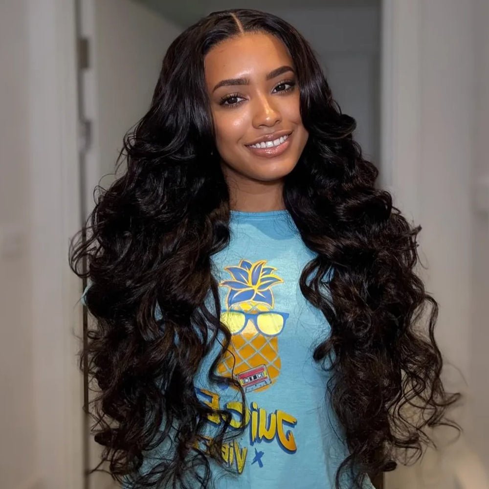 13x4 Lace Loose Body Wave Human Hair Wigs Ocean Wave Lace Front Wigs with Curtain Bangs Full 250% Density