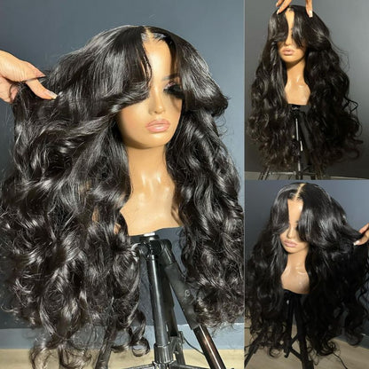 13x4 Lace Loose Body Wave Human Hair Wigs Ocean Wave Lace Front Wigs with Curtain Bangs Full 250% Density