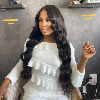 13x4 Lace Loose Body Wave Human Hair Wigs Ocean Wave Lace Front Wigs with Curtain Bangs Full 250% Density