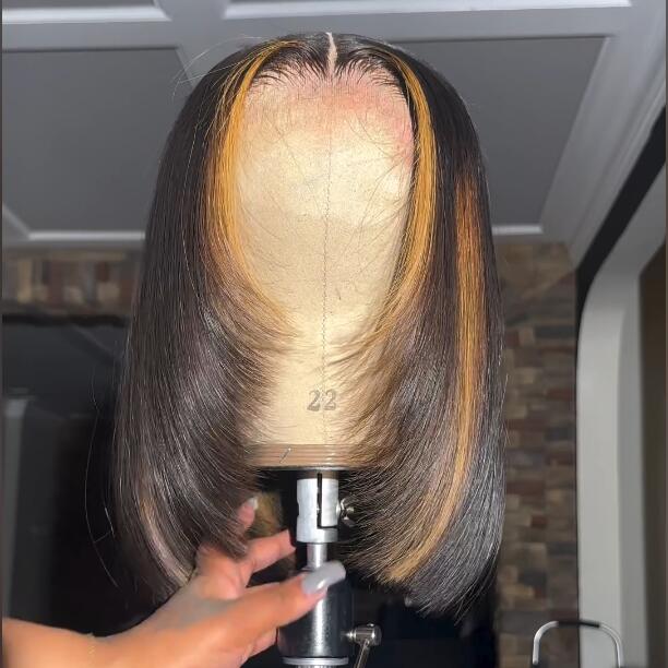 Geeta Layer Cut Ombre Highlight Straight Bob Human Hair Wigs 13x4 Lace Front Glueless Wigs Flash Sale