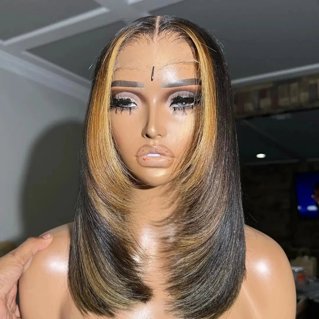 Geeta Layer Cut Ombre Highlight Straight Bob Human Hair Wigs 13x4 Lace Front Glueless Wigs Flash Sale