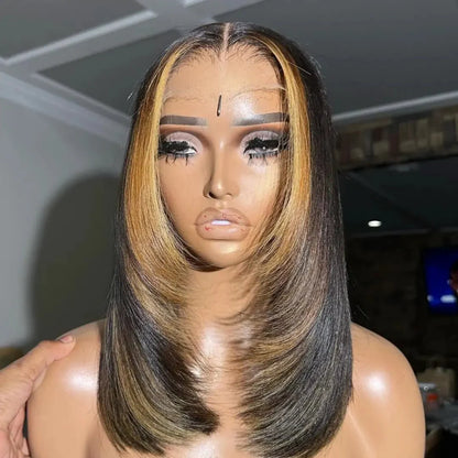 Geeta Layer Cut Ombre Highlight Straight Bob Human Hair Wigs 13x4 Lace Front Glueless Wigs Flash Sale