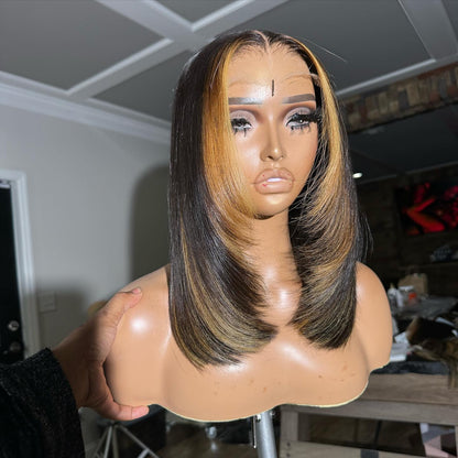 Geeta Layer Cut Ombre Highlight Straight Bob Human Hair Wigs 13x4 Lace Front Glueless Wigs Flash Sale