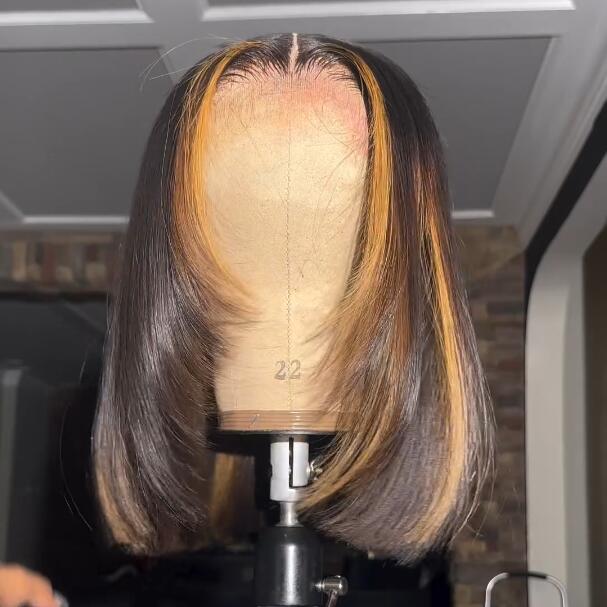 Geeta Layer Cut Ombre Highlight Straight Bob Human Hair Wigs 13x4 Lace Front Glueless Wigs Flash Sale