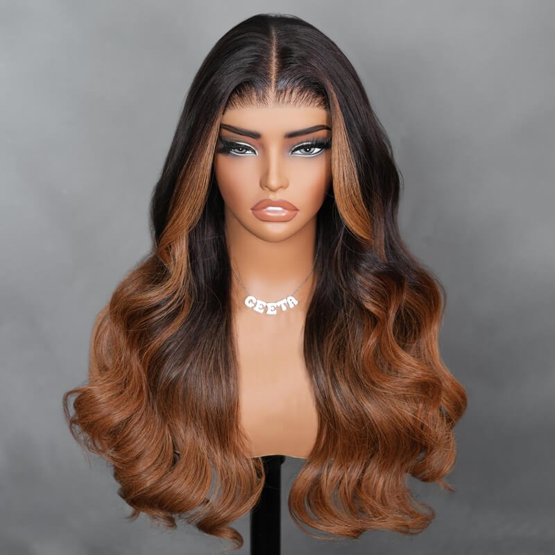 7x5 Glueless Lace Body Wave Wig Chestnut Brown Ombre Color Invisi Drawstring Put on and Go Wig