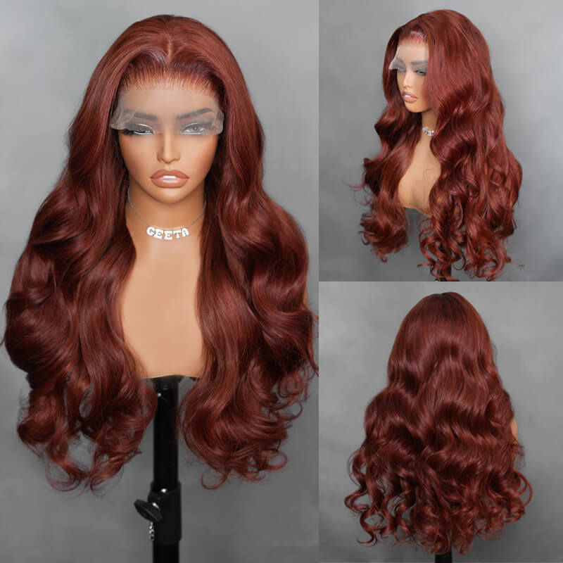 Reddish Brown Color 3D Body Wave 13x4 Lace Front Wig Put On and Go Invisi Drawstring Wig