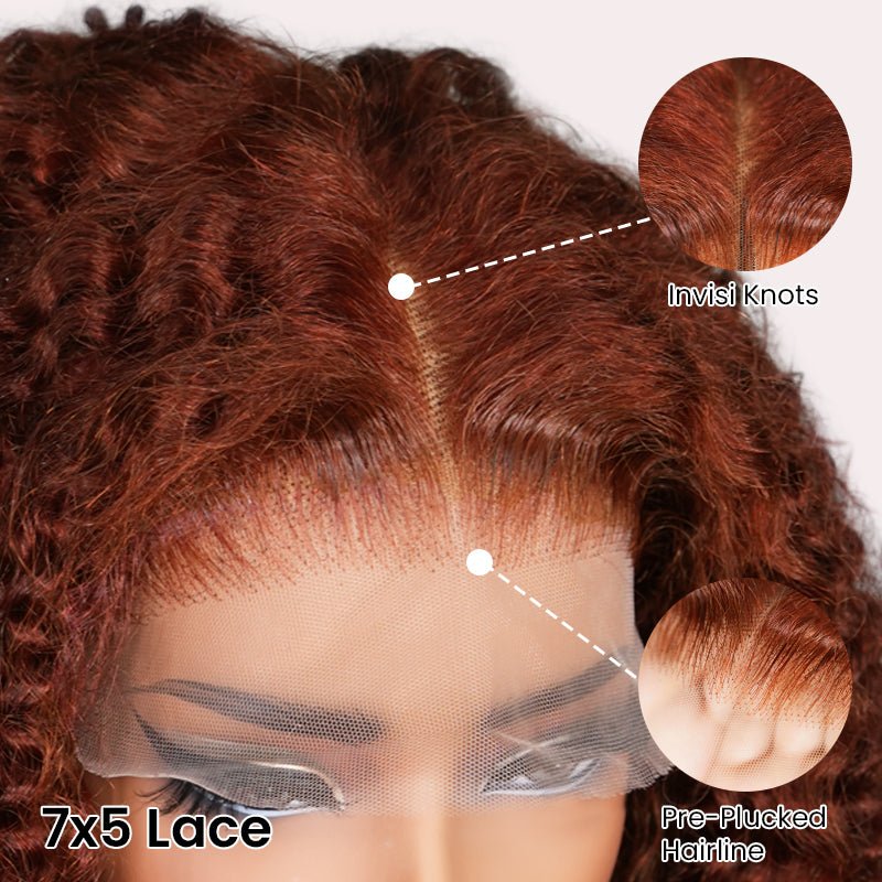 Reddish Brown 7x5 Lace Frontal Glueless Kinky Curly Invisi Drawstring Put On And Go Colored Wig