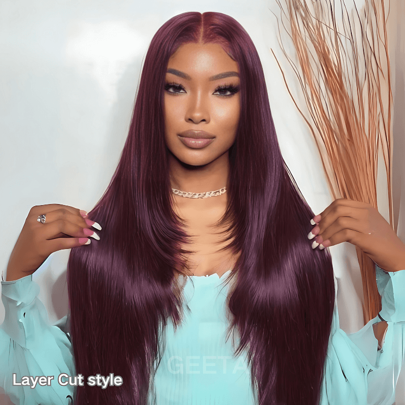 Straight 7x5 Lace Glueless Wig Burgundy Purple Black Cherry Invisi Drawstring Human Hair Wigs Daily Deal