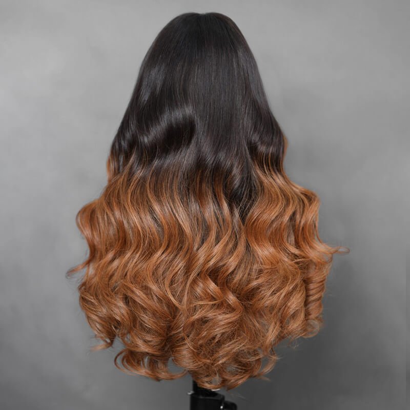 7x5 Glueless Lace Body Wave Wig Chestnut Brown Ombre Color Invisi Drawstring Put on and Go Wig