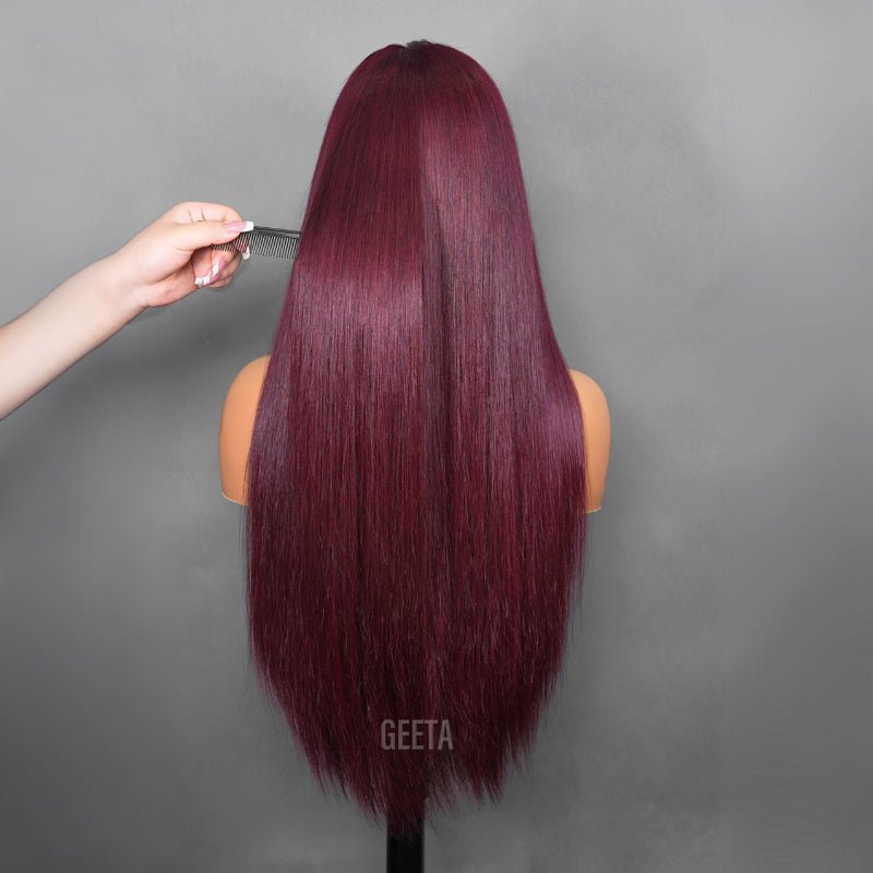Straight 7x5 Lace Glueless Wig Burgundy Purple Black Cherry Invisi Drawstring Human Hair Wigs Daily Deal
