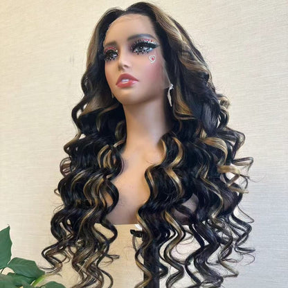 Higligh Blonde Glueless Wigs 13x4 Loose Body Wave Lace Front Curtain Bangs Human Hair Wigs 250% Density