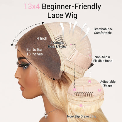 Long Wavy 13x4 Lace Front Golden Blonde Wigs With Bangs Natural Wavy Glueless Wigs Pre Plucked 250% Density Daily Deal