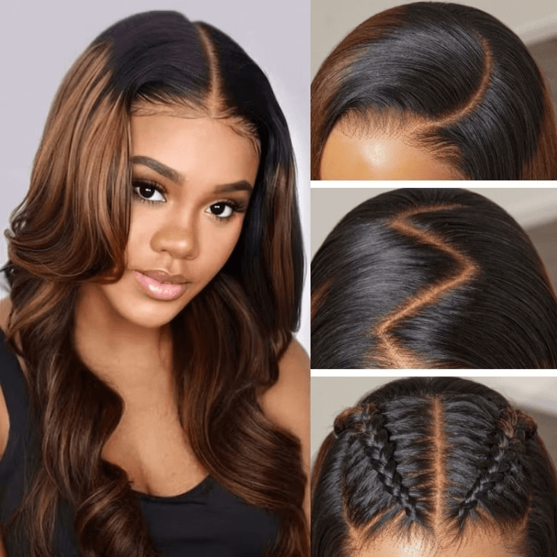 Balayage Brown Highlight 3D Body Wave 13x4 Lace Front Invisi Drawstring Put On and Go Glueless Lace Wig Flash Sale