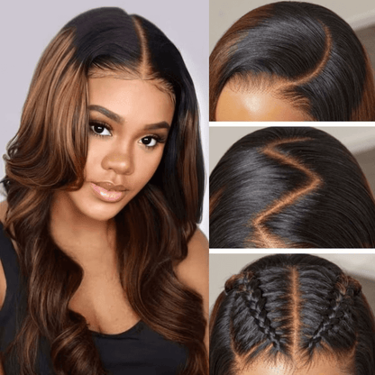 Balayage Brown Highlight 3D Body Wave 13x4 Lace Front Invisi Drawstring Put On and Go Glueless Lace Wig Flash Sale