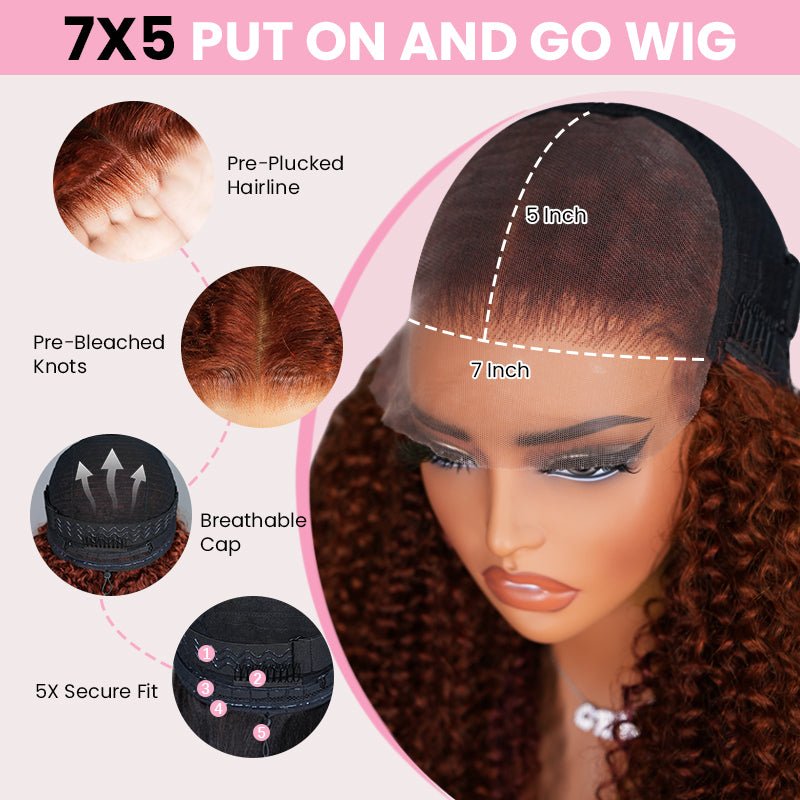 Reddish Brown 7x5 Lace Frontal Glueless Kinky Curly Invisi Drawstring Put On And Go Colored Wig
