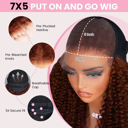 Reddish Brown 7x5 Lace Frontal Glueless Kinky Curly Invisi Drawstring Put On And Go Colored Wig