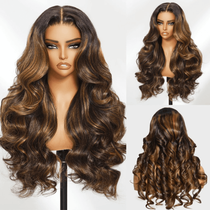 Balayage Brown Highlight 3D Body Wave 13x4 Lace Front Invisi Drawstring Put On and Go Glueless Lace Wig Flash Sale