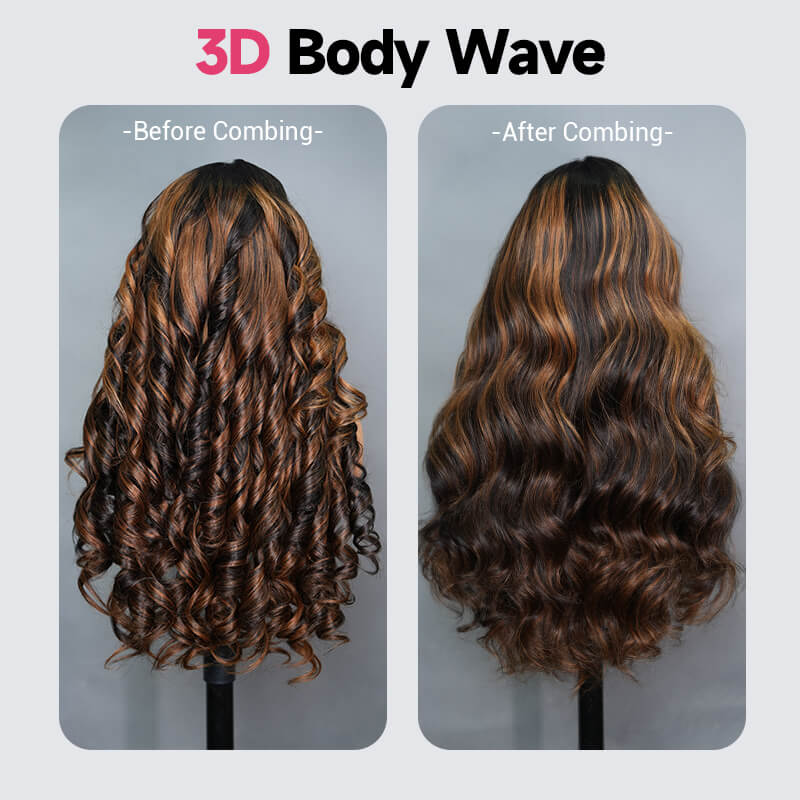 Balayage Brown Highlight 3D Body Wave 13x4 Lace Front Invisi Drawstring Put On and Go Glueless Lace Wig Flash Sale