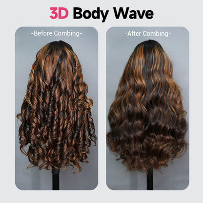 Balayage Brown Highlight 3D Body Wave 13x4 Lace Front Invisi Drawstring Put On and Go Glueless Lace Wig Flash Sale