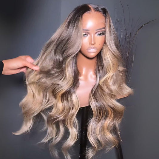 Highlight Blonde With Black Root Colored Wig 13X4 Lace Front Wig Human Hair Transparent Wig Pre Plucked Subscriber Exclusive Flash Sale