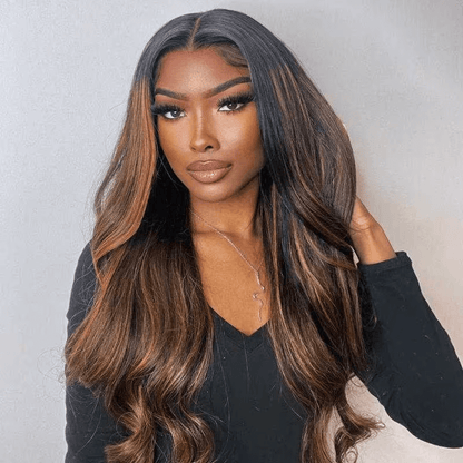 Balayage Brown Highlight 3D Body Wave 13x4 Lace Front Invisi Drawstring Put On and Go Glueless Lace Wig Flash Sale