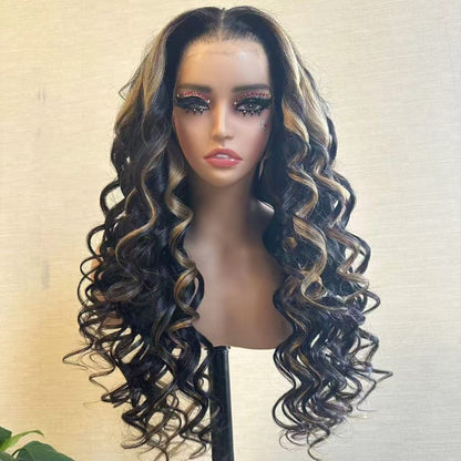 Higligh Blonde Glueless Wigs 13x4 Loose Body Wave Lace Front Curtain Bangs Human Hair Wigs 250% Density