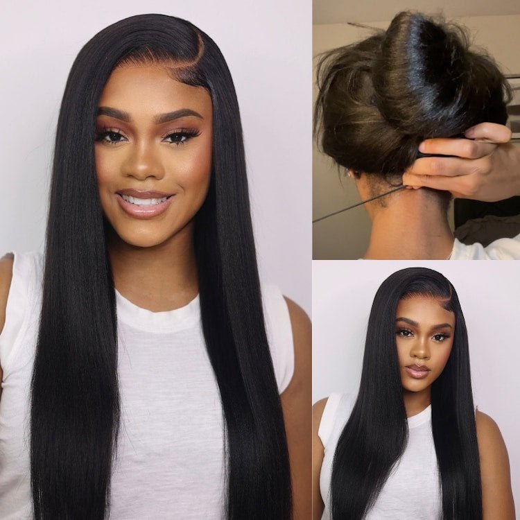 Geeta Yaki Straight 7x5 Glueless Lace Invisible Knots Put On and Go Invisi Drawstring Human Hair Wigs