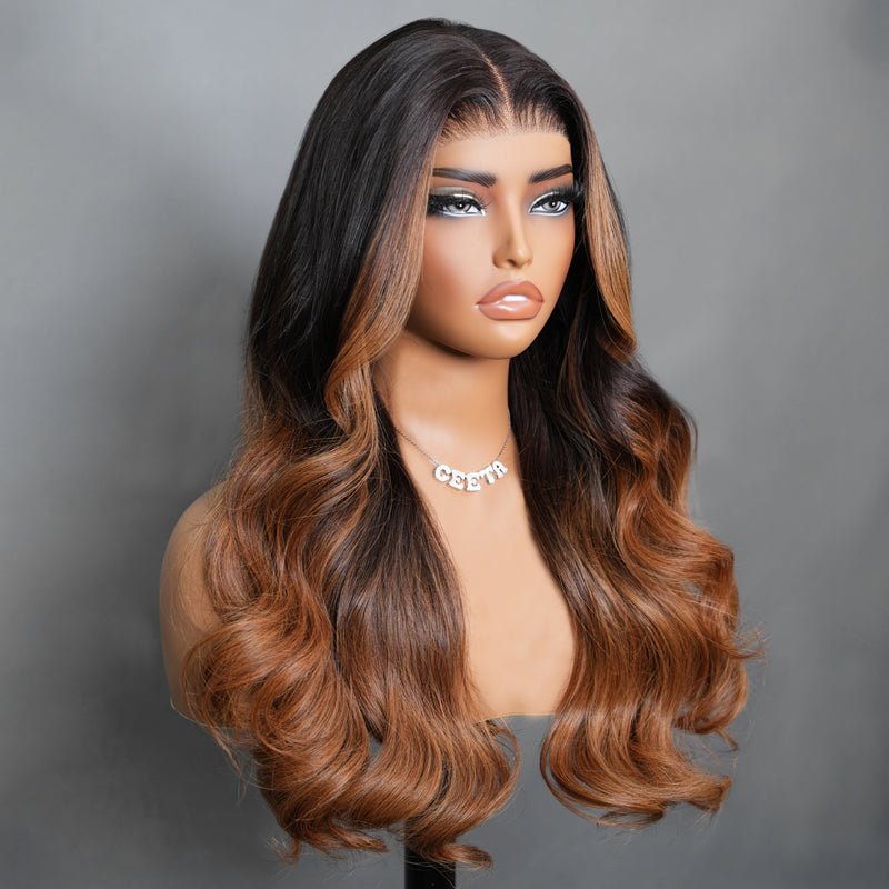 7x5 Glueless Lace Body Wave Wig Chestnut Brown Ombre Color Invisi Drawstring Put on and Go Wig