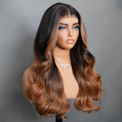 7x5 Glueless Lace Body Wave Wig Chestnut Brown Ombre Color Invisi Drawstring Put on and Go Wig