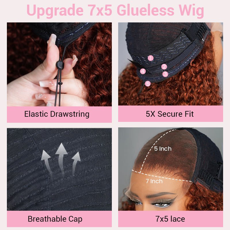 Reddish Brown 7x5 Lace Frontal Glueless Kinky Curly Invisi Drawstring Put On And Go Colored Wig