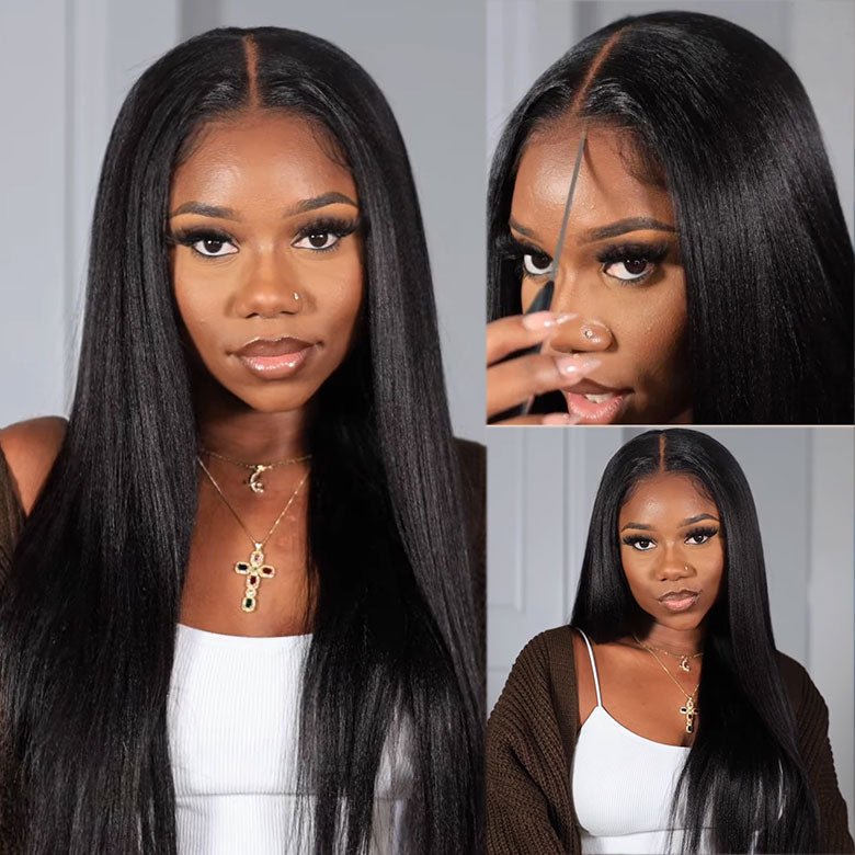 Geeta Yaki Straight 7x5 Glueless Lace Invisible Knots Put On and Go Invisi Drawstring Human Hair Wigs